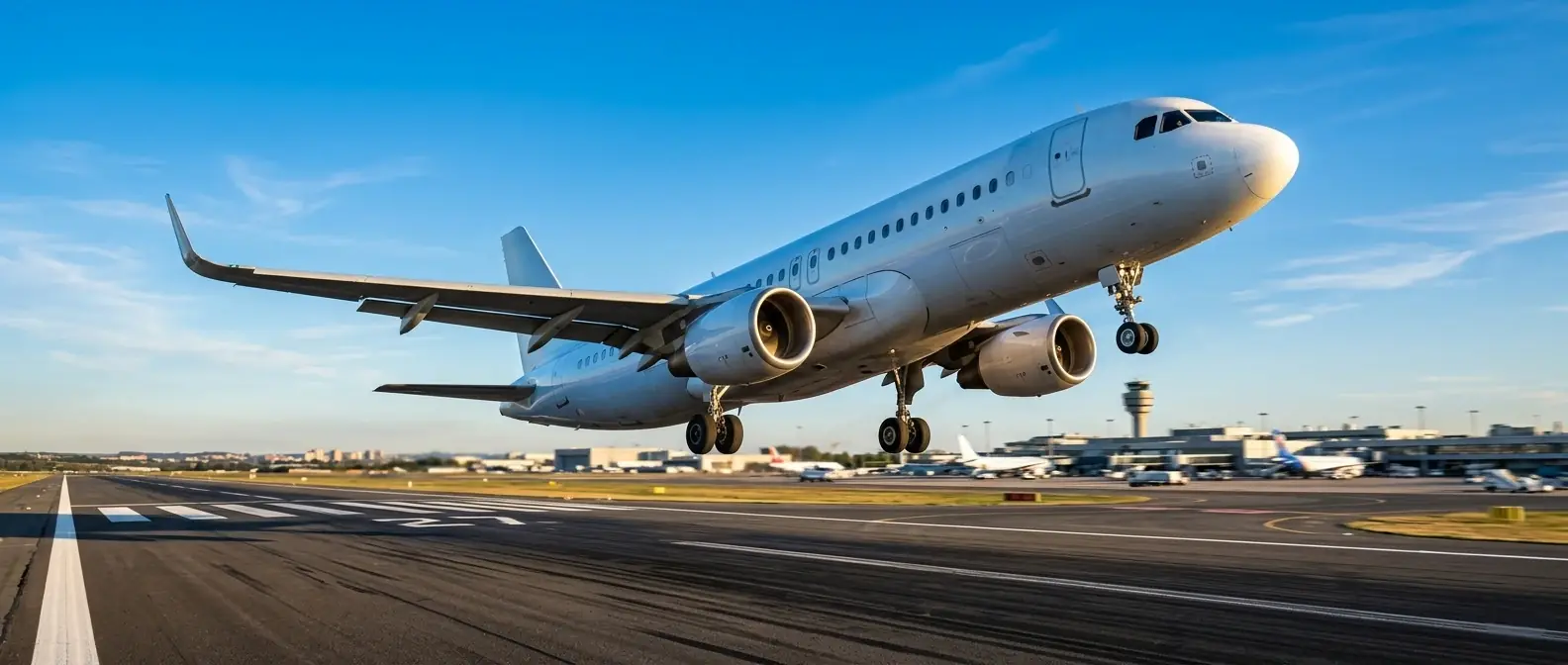 A commercial aircraft lifting off from the runway at dawn