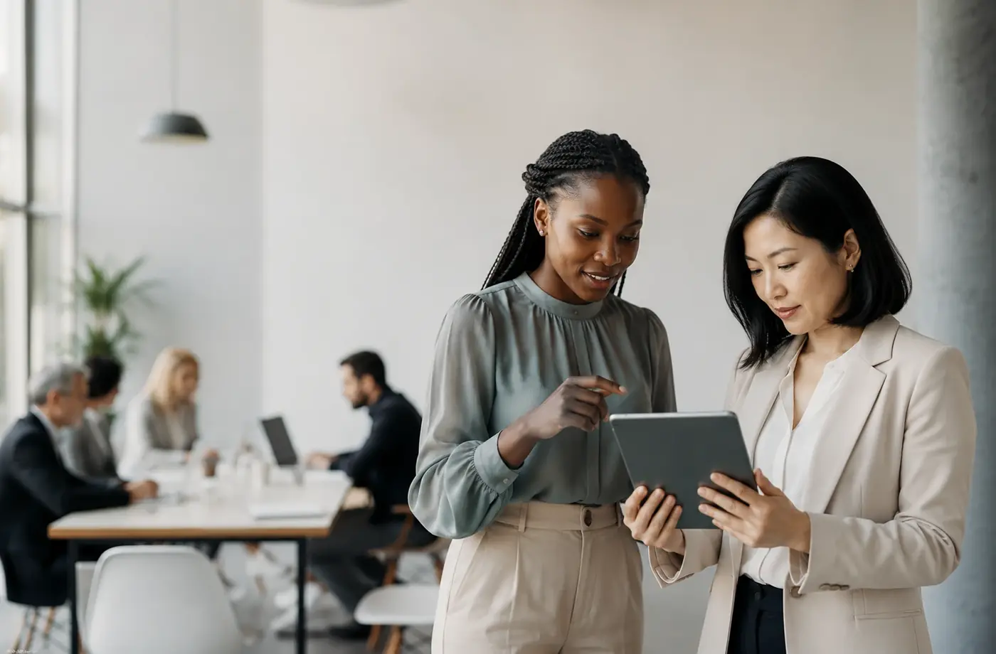 Two consultants reviewing operations together on a tablet